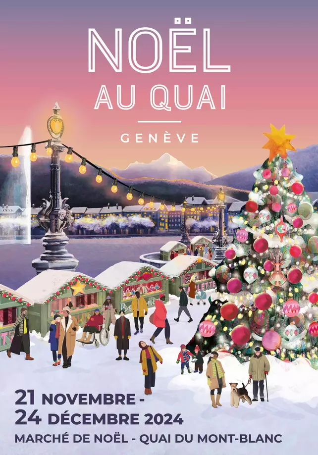 L'affiche représente le marché de Noël de Genève avec des petits chalets et un grand sapin illuminé au bord du Lac Léman. Les visiteurs se promènent sous un ciel teinté de rose et on aperçoit le Jet d'Eau en arrière-plan.