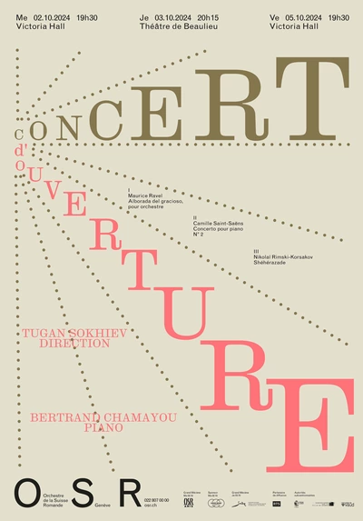 Opening concert of the Orchestre de la Suisse Romande with Tugan Sokhiev and Bertrand Chamayou Affiche typographique du concert d’ouverture de l’OSR