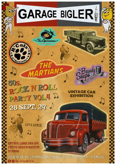 Garage Bigler Rock Les logos des trois groupes :The Martians, R'Cats, The Brandy Snaps. Un autre Logo celui des Dj Vinyles. deux camions pour signaler que l'évènement se trouve dans un garage poids lourds, un couple de danseur, car nous allons danser, des notes de musique et tout ceci sur un fond orangé
