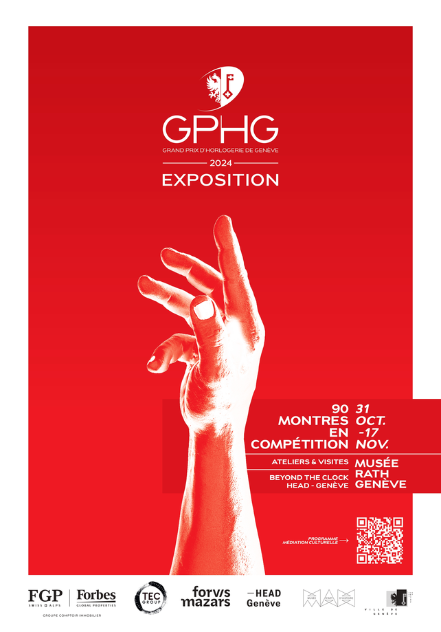 L'image montre une affiche du Grand Prix d'Horlogerie de Genève (GPHG) 2024, qui se tiendra au Musée Rath à Genève, du 31 octobre au 17 novembre. Elle présente les éléments suivants : - En haut, il est écrit "MUSÉE RATH GENÈVE". - Les dates "31 OCT. - 17 NOV." - Le texte "90 MONTRES EN COMPÉTITION" - Un slogan "BEYOND THE CLOCK" - Le texte "HEAD - GENÈVE ATELIERS & VISITES" indique la présence d'ateliers et de visites organisées - En bas, on trouve l'inscription "PROGRAMME MÉDIATION CULTURELLE", soulignant qu'il y aura un programme de médiation culturelle pour faciliter l'accès et la compréhension.