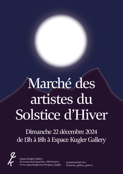 Winter Solstice Artists' Market Flyer du marché des artistes du Solstice d'Hiver, grande lune ou soleil blanc, derrière une montagne rétro-éclairée, le fond est bleu très foncé ce qui fait ressortir la lune-soleil