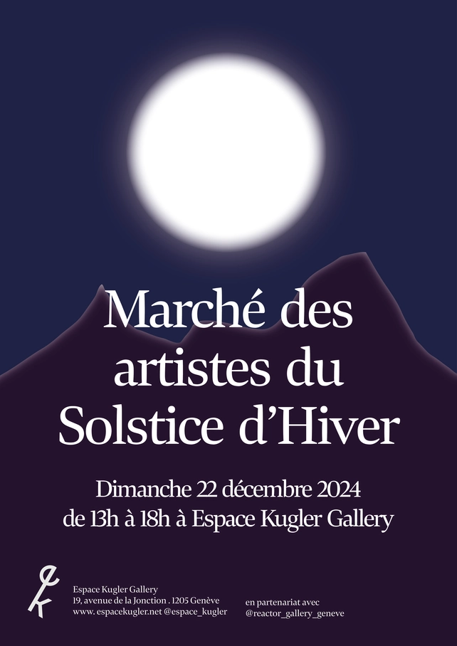 Flyer du marché des artistes du Solstice d'Hiver, grande lune ou soleil blanc, derrière une montagne rétro-éclairée, le fond est bleu très foncé ce qui fait ressortir la lune-soleil